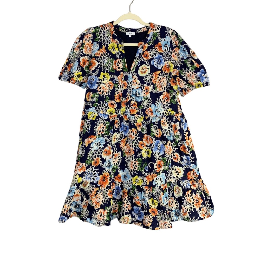 Voy Floral Eyelet Mini Dress Navy Blue Multi Color‎ Tiered Babydoll Size Small